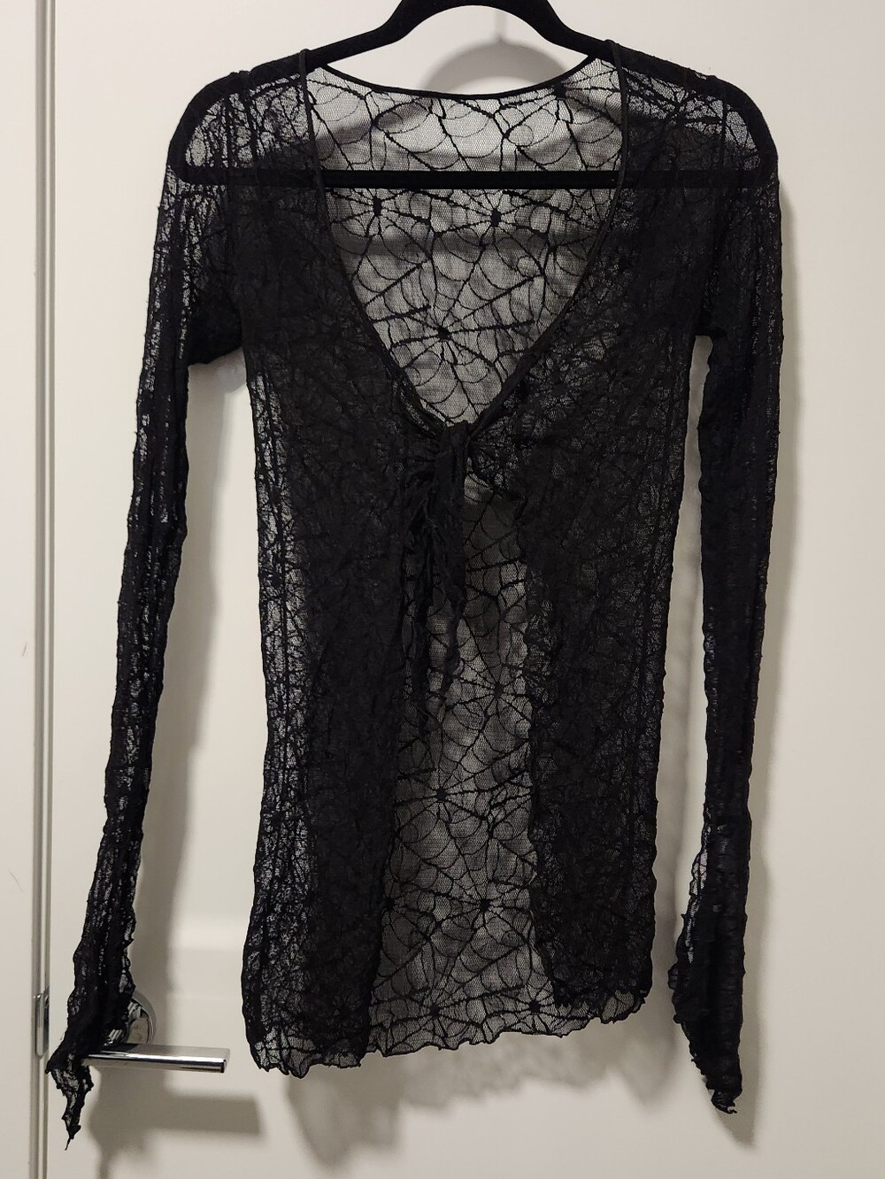 Vintage 90s Goth Vampire Spiderweb Mesh Cardigan Tie Front Bell Sleeve Top